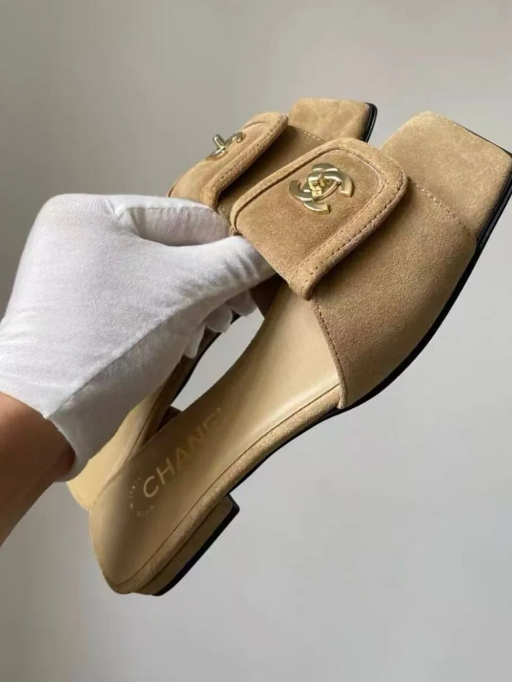 Chanel Beige Suede CC Turn‑Lock Square Toe Slide Sandals